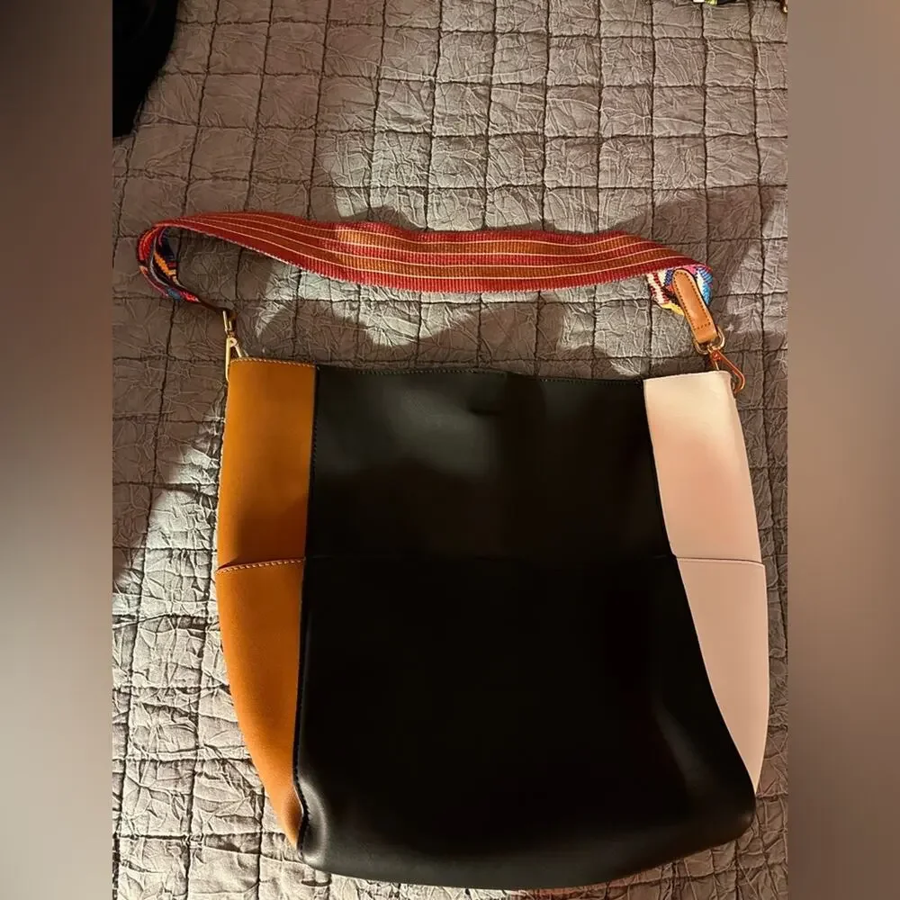 Kathy Ireland Black White Brown Bucket Bag with Funky Multi Pattern Strap